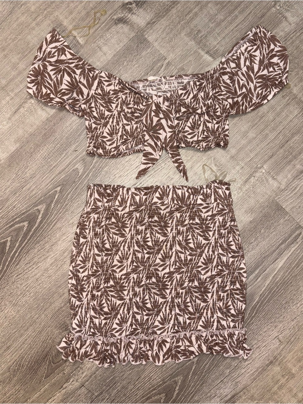 Blush Pink and Brown Leaf Print Two-Piece Crop Top & Skirt Set